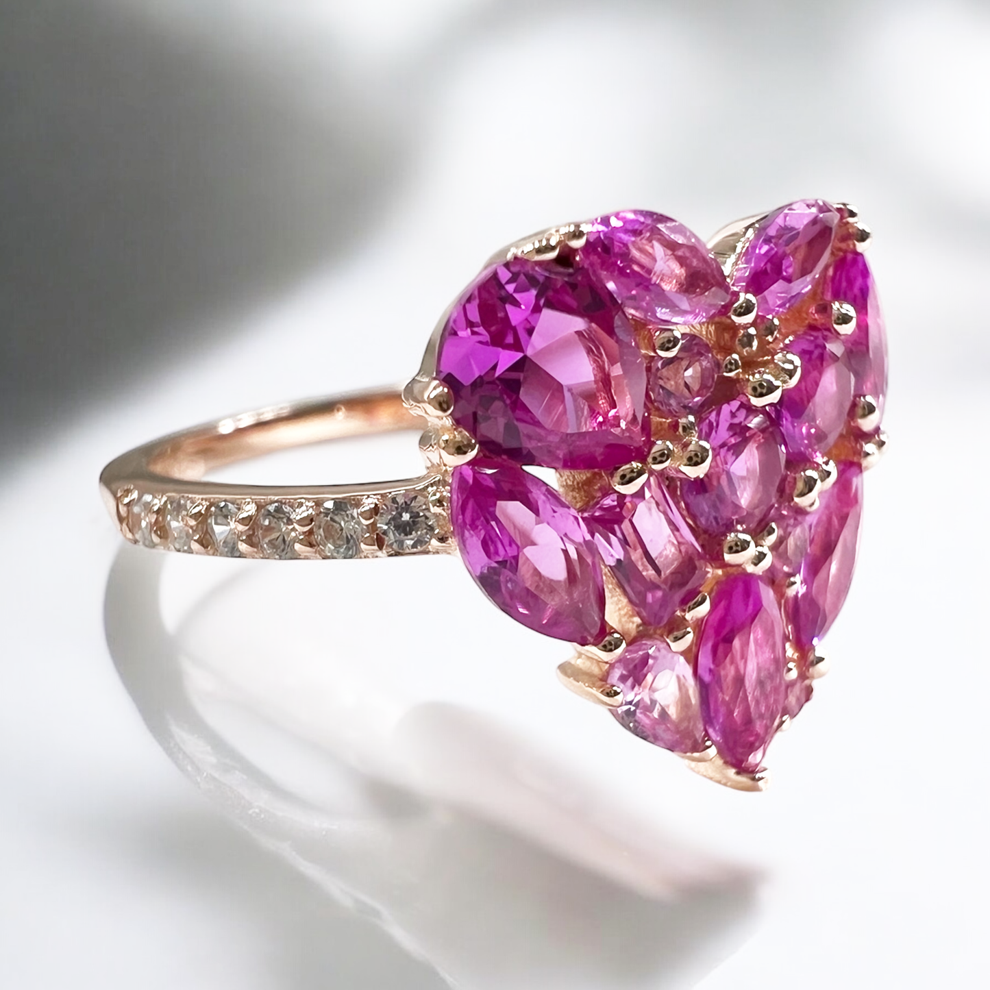 925 Sterling Silver Rose Corundum CZ Cluster Heart Ring on Rose Gold