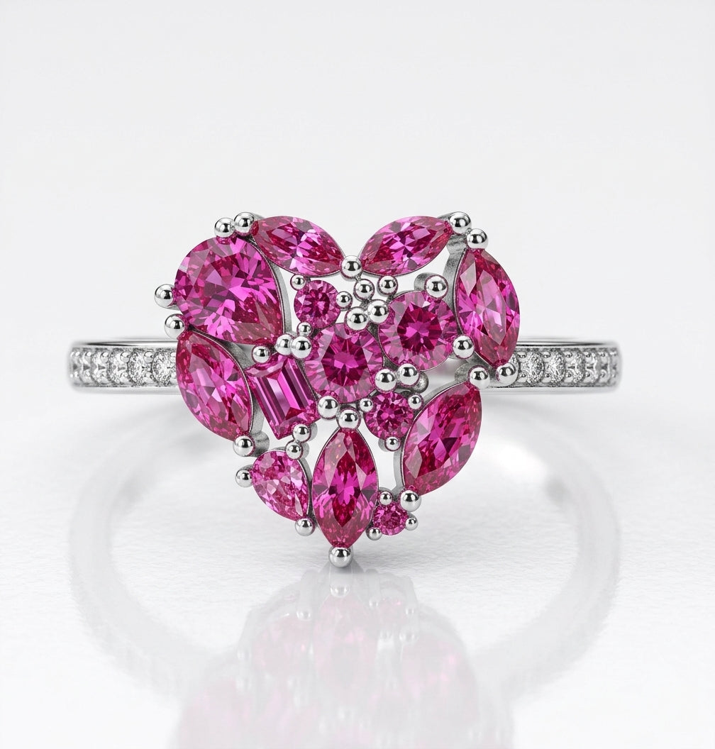925 Sterling Silver Rose Corundum CZ Cluster Heart Ring on (Rose Gold or Rhodium)
