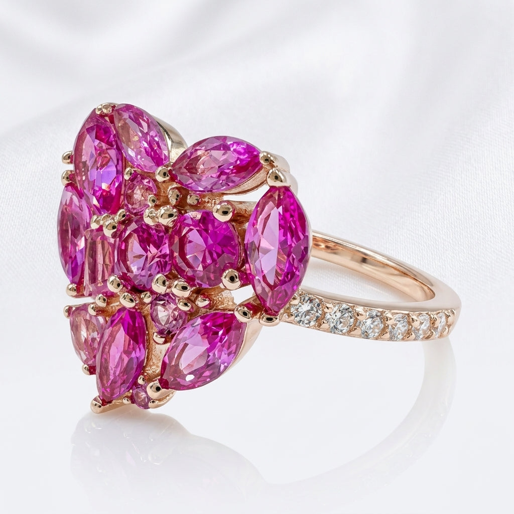 925 Sterling Silver Rose Corundum CZ Cluster Heart Ring on (Rose Gold or Rhodium)