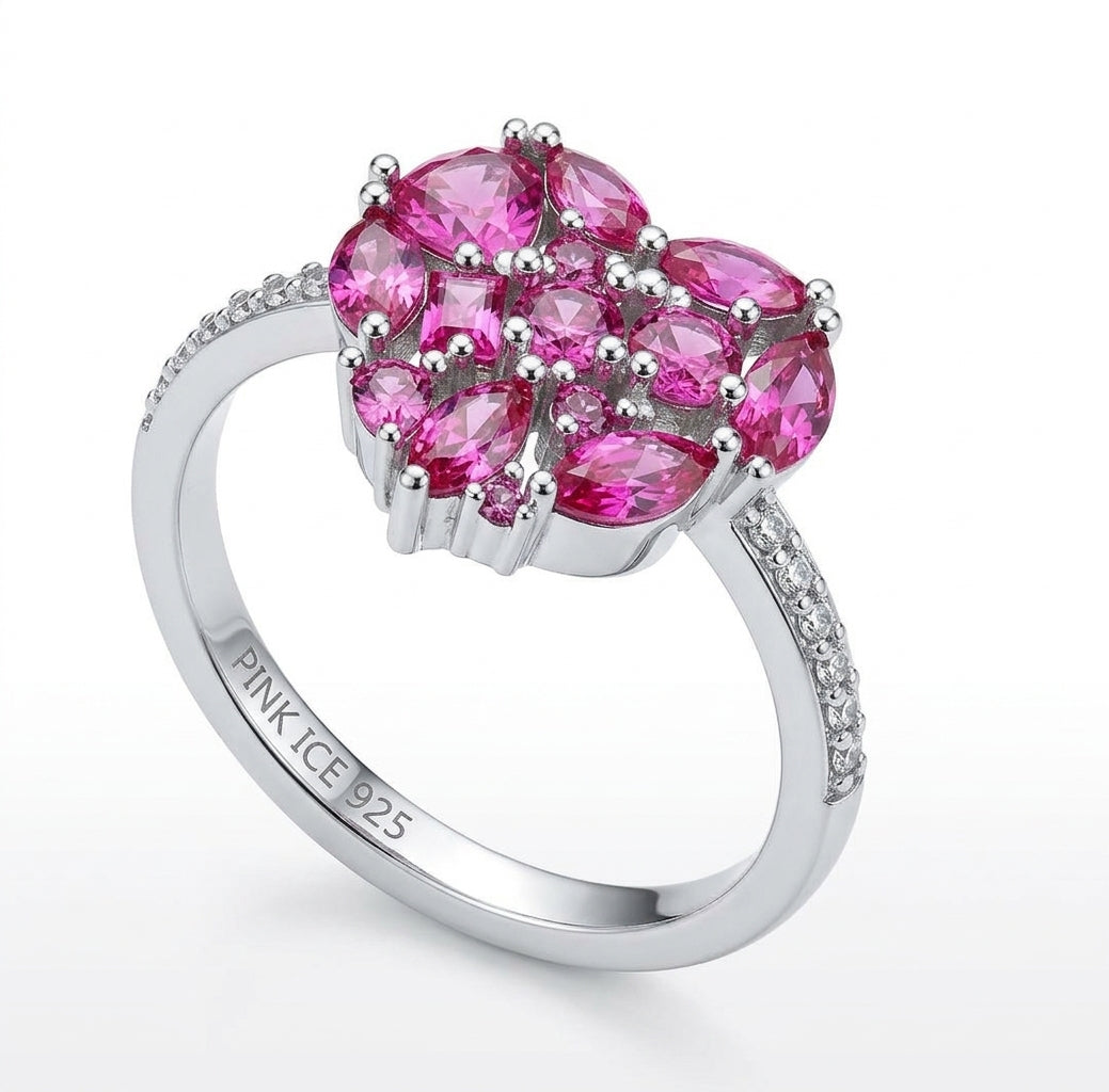 925 Sterling Silver Rose Corundum CZ Cluster Heart Ring on (Rose Gold or Rhodium)