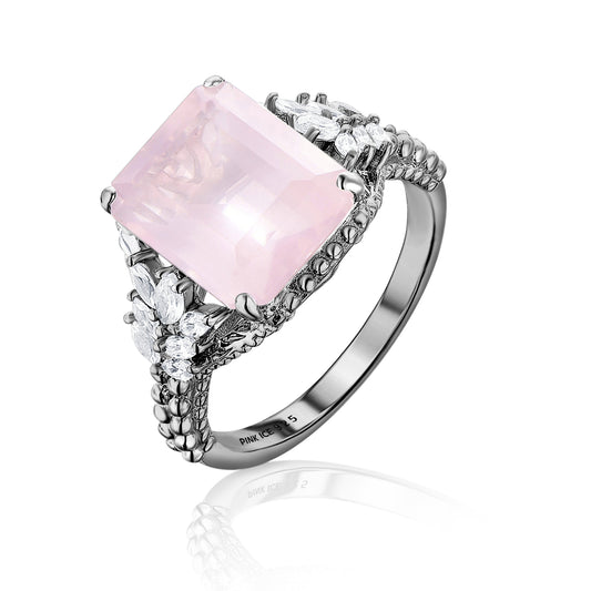 *PRE-ORDER - Rose Quartz Beaded Shank 925 Sterling Silver Ring in Black Rhodium