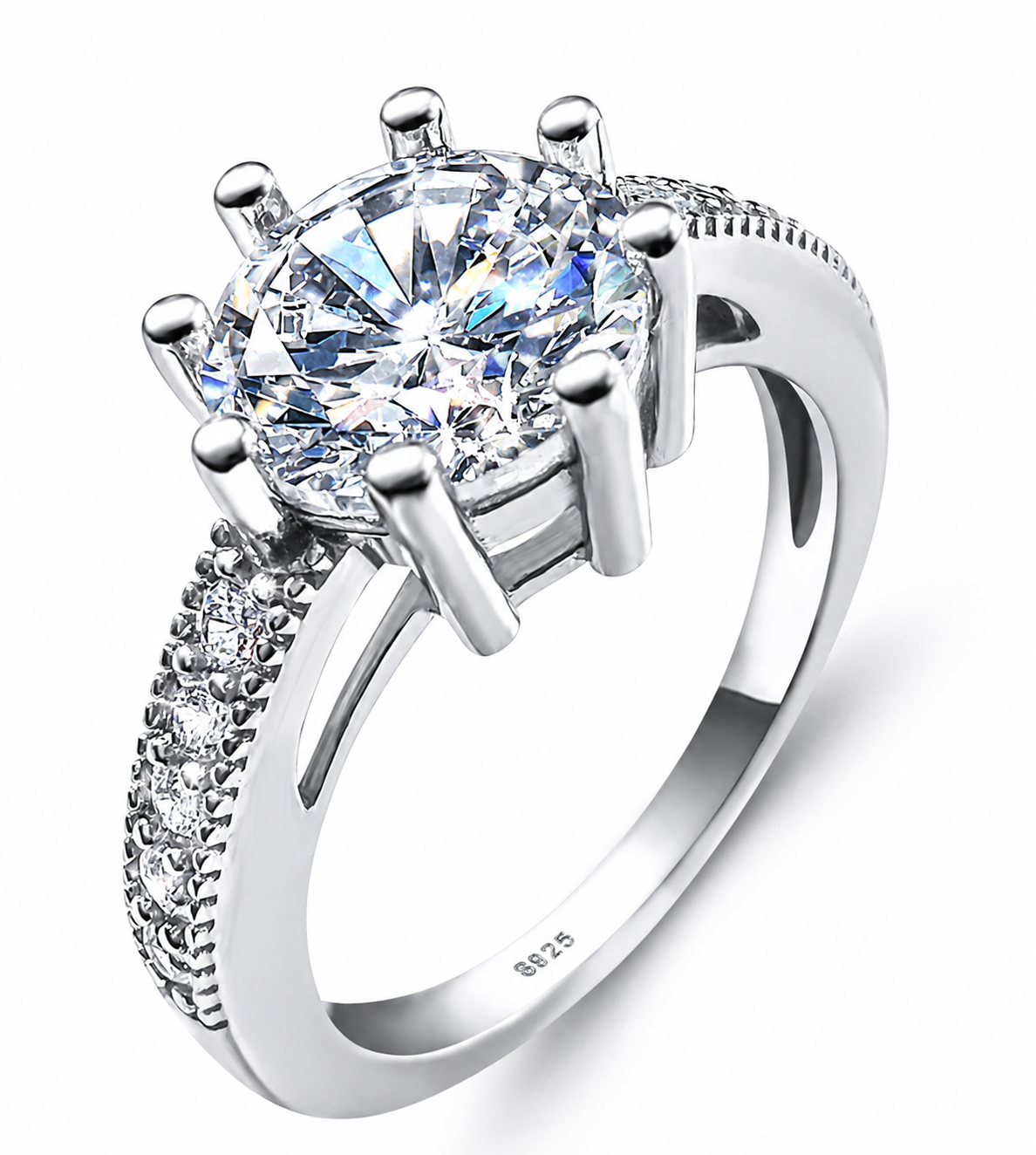 925 Sterling Silver Round Diamond Cubic Zirconia Solitair Pave Ring