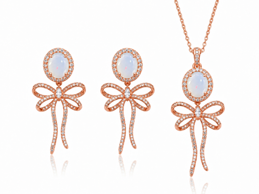 925 Sterling Silver Simulated White Moonstone Bow Tie Necklace & Earrings Set on Rose Gold