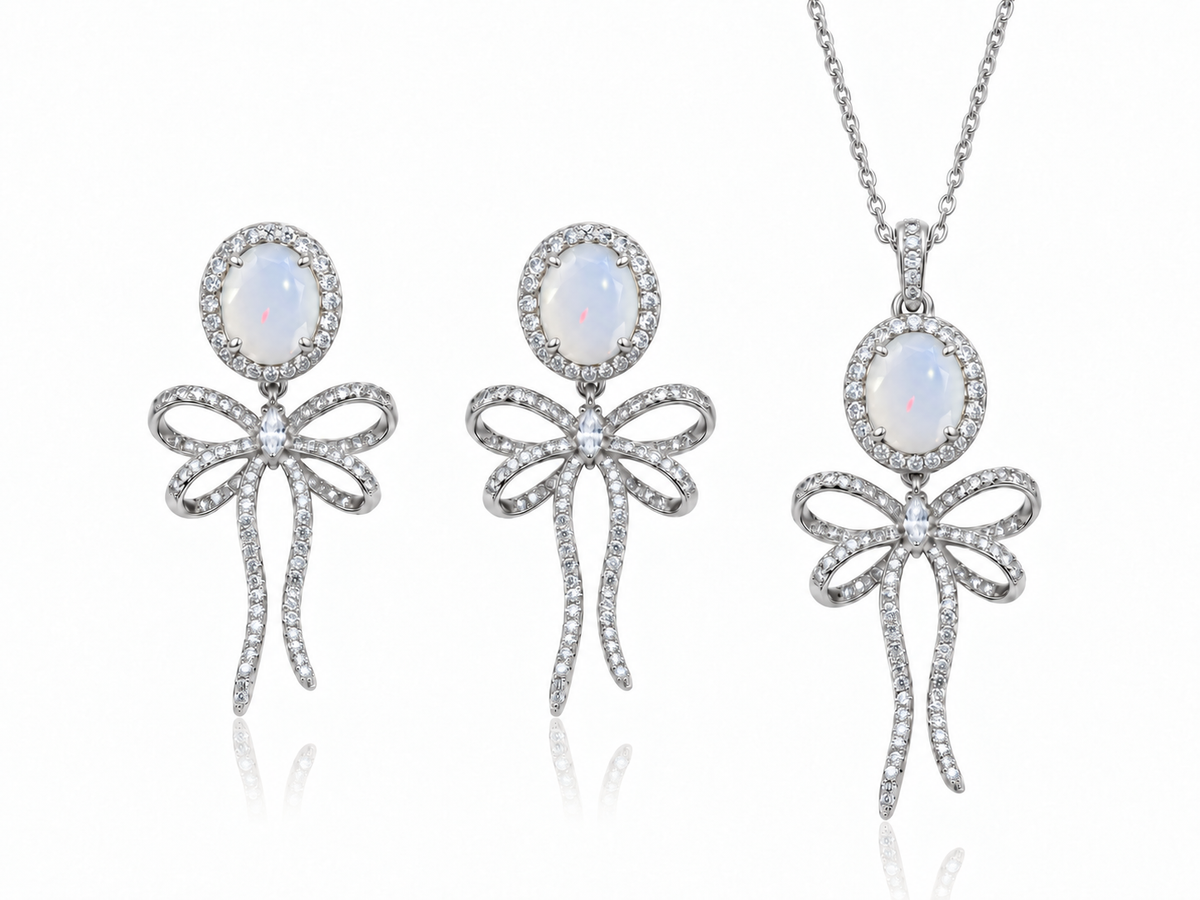 925 Sterling Silver Similated White Moonstone Bow Tie Necklace & Earrings Set on Rhodium