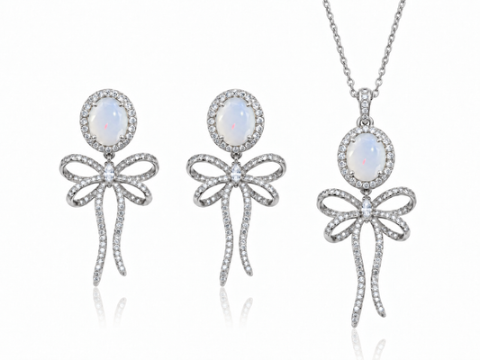 925 Sterling Silver Similated White Moonstone Bow Tie Necklace & Earrings Set on Rhodium