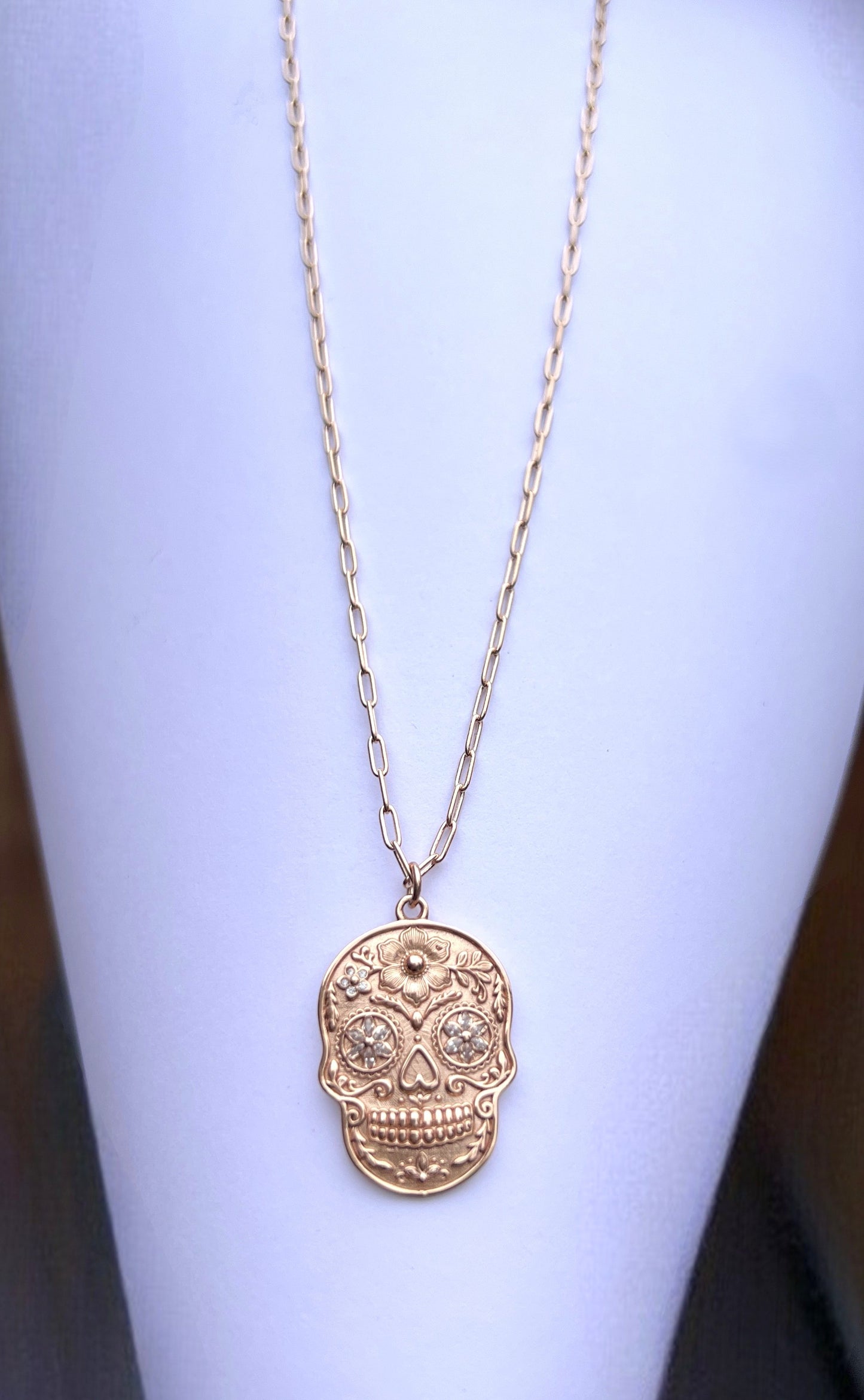 925 Sterling Silver Sugar Skull Pendant Necklace - Rose Gold