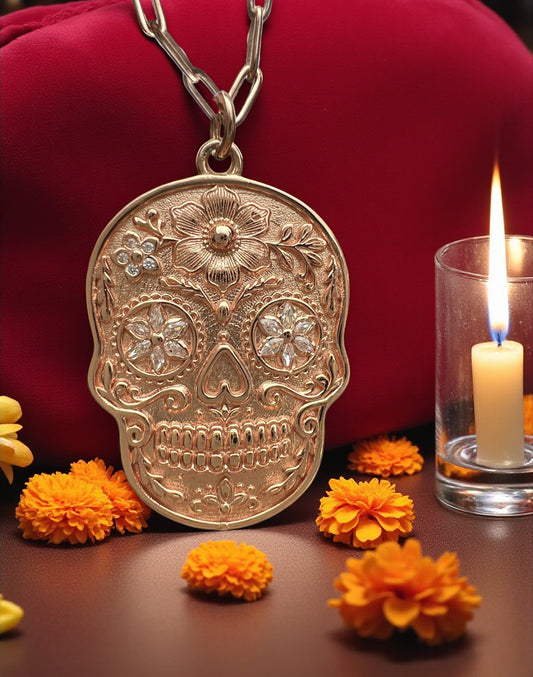 925 Sterling Silver Sugar Skull Pendant Necklace - Rose Gold