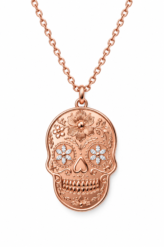 925 Sterling Silver Sugar Skull Pendant Necklace - Rose Gold