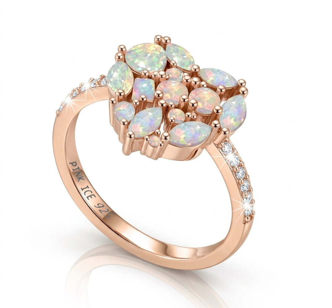 925 Sterling Silver White Fire Opal-Effect & Diamond CZ Cluster Heart Ring on Rose Gold (Opal Accented)