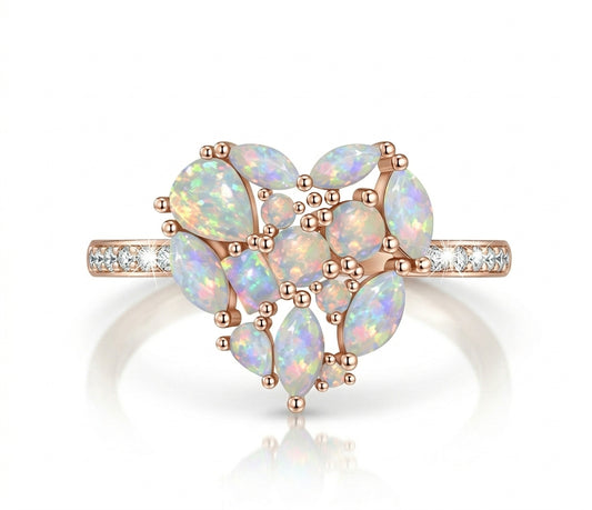 925 Sterling Silver White Fire Opal-Effect & Diamond CZ Cluster Heart Ring on Rose Gold (Opal Accented)