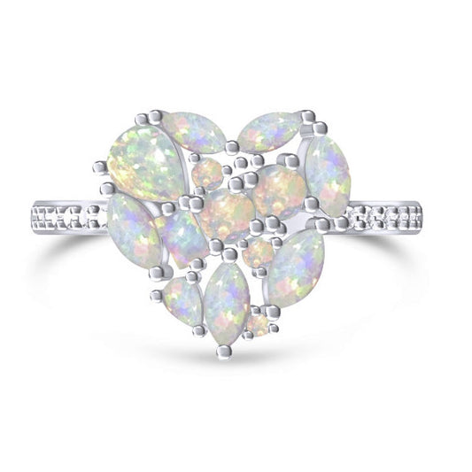 925 Sterling Silver White Fire Opal & Diamond CZ Cluster Heart Ring