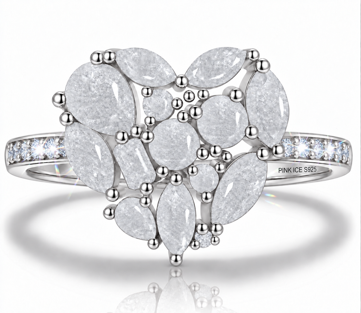 925 Sterling Silver White Ice Cluster Heart Ring on Rhodium or Rose Gold