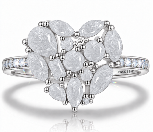 925 Sterling Silver White Ice Cluster Heart Ring on Rhodium or Rose Gold