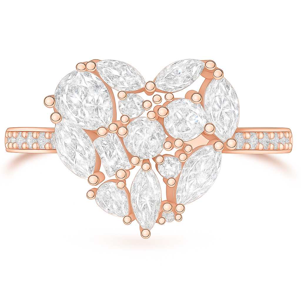 PRE-ORDER - 925 Sterling Silver White Ice Cluster Heart Ring on Rhodium or Rose Gold
