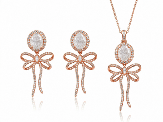 925 Sterling Silver White Ice Crystal Bow Tie Necklace & Earrings Set (Rose Gold or Rhodium)