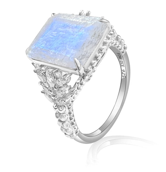 925 Sterling Silver Genuine White Moonstone Beaded Shank Ring