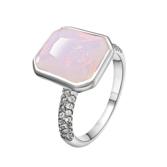 925 Sterling Silver Pink Moonstone Bezel Ring on Rhodium