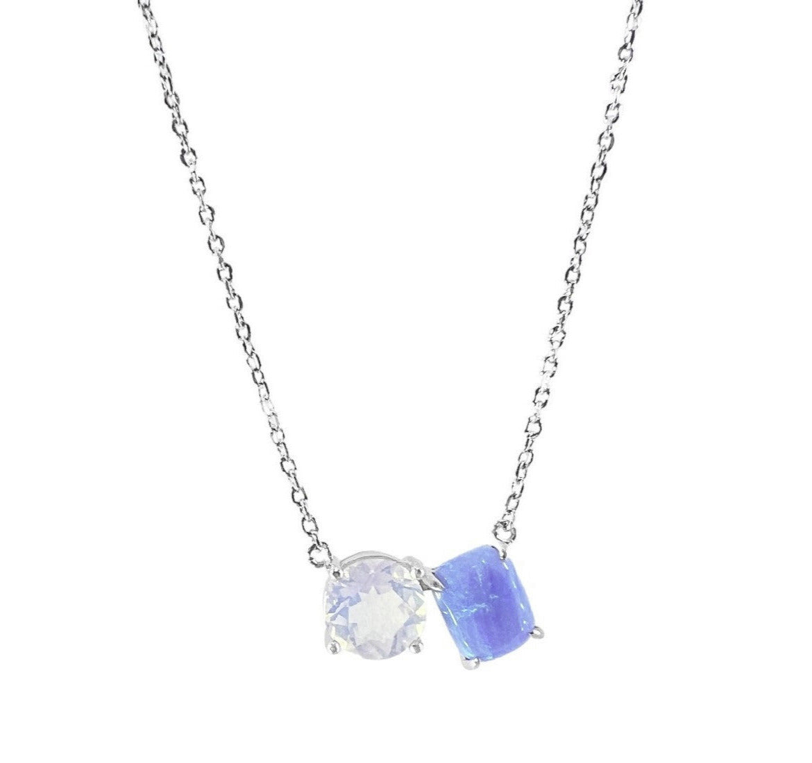 925 Sterling Silver White Moonstone and Blue Fire Opal Necklace