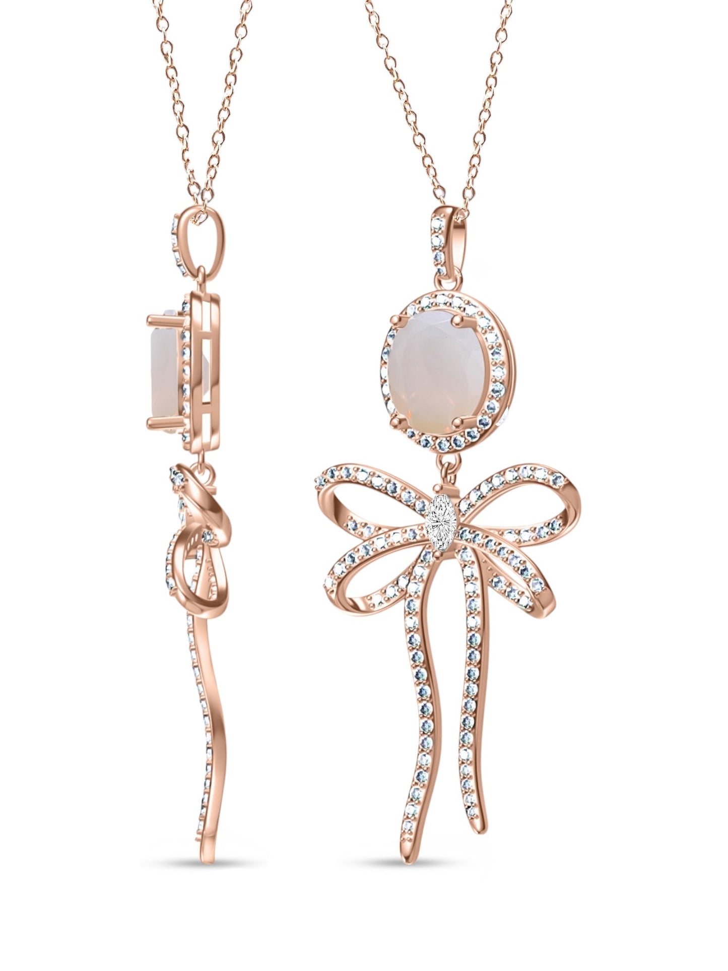 925 Sterling Silver White Opal Bow Tie Necklace on Rose Gold
