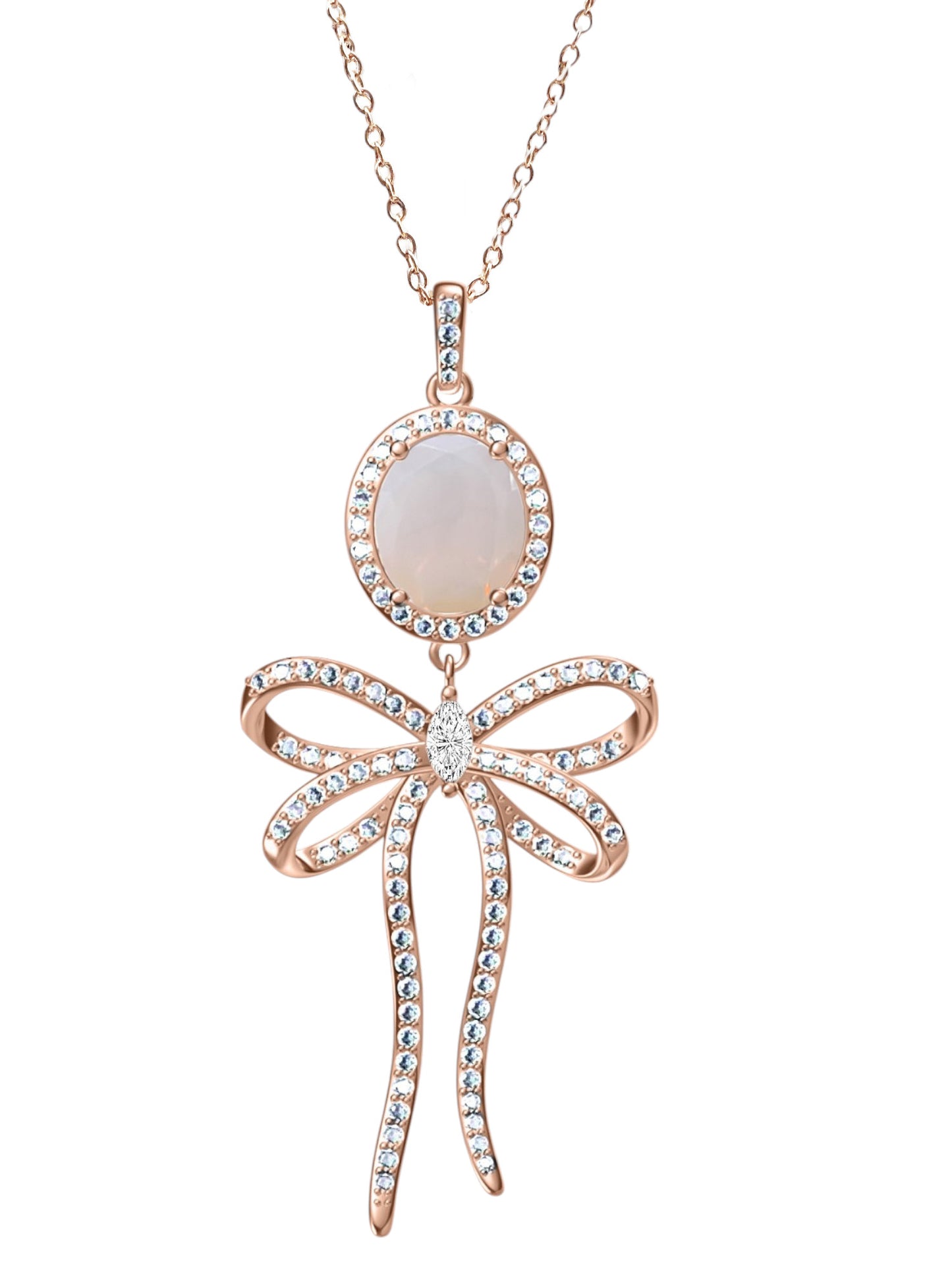 925 Sterling Silver White Opal Bow Tie Necklace on Rose Gold