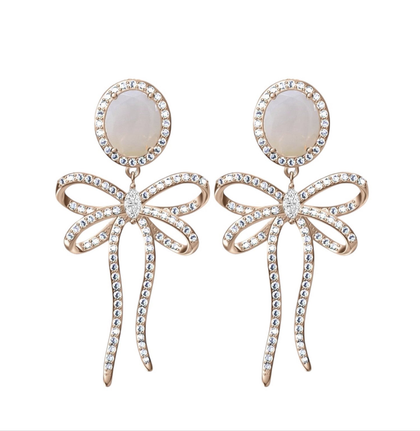 925 Sterling Silver White Opal Bow Tie Earrings on Rose Gold