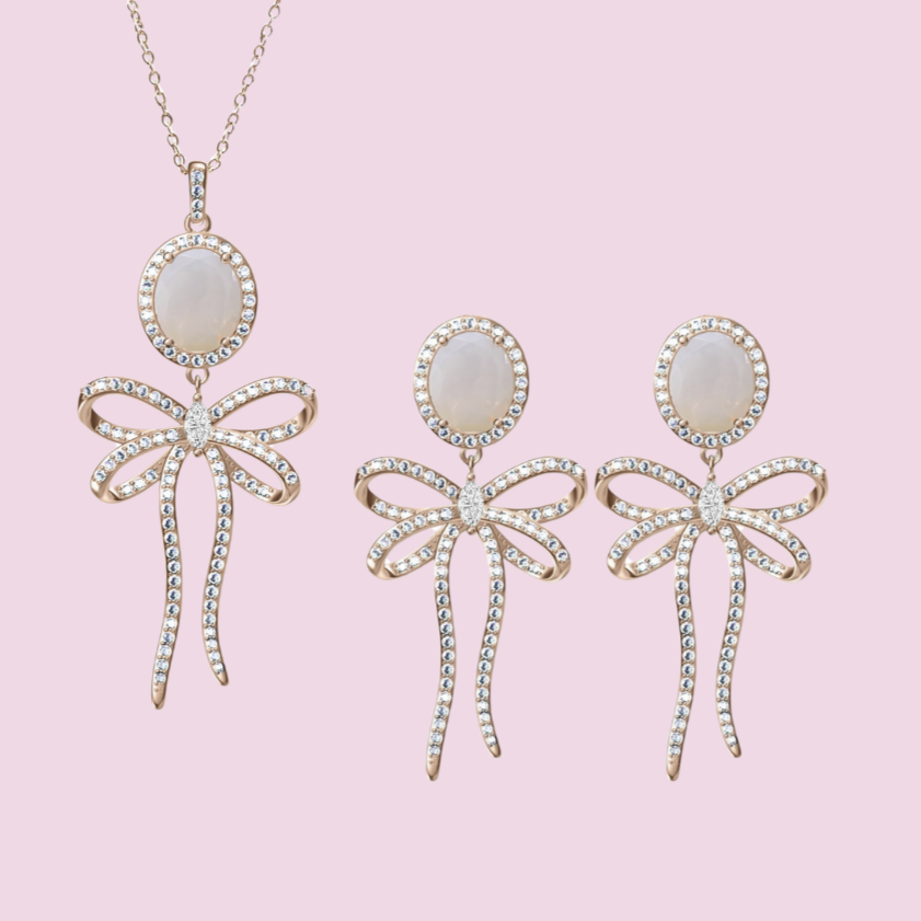 925 Sterling Silver White Opal Bow Tie Necklace & Earrings Set on Rose Gold