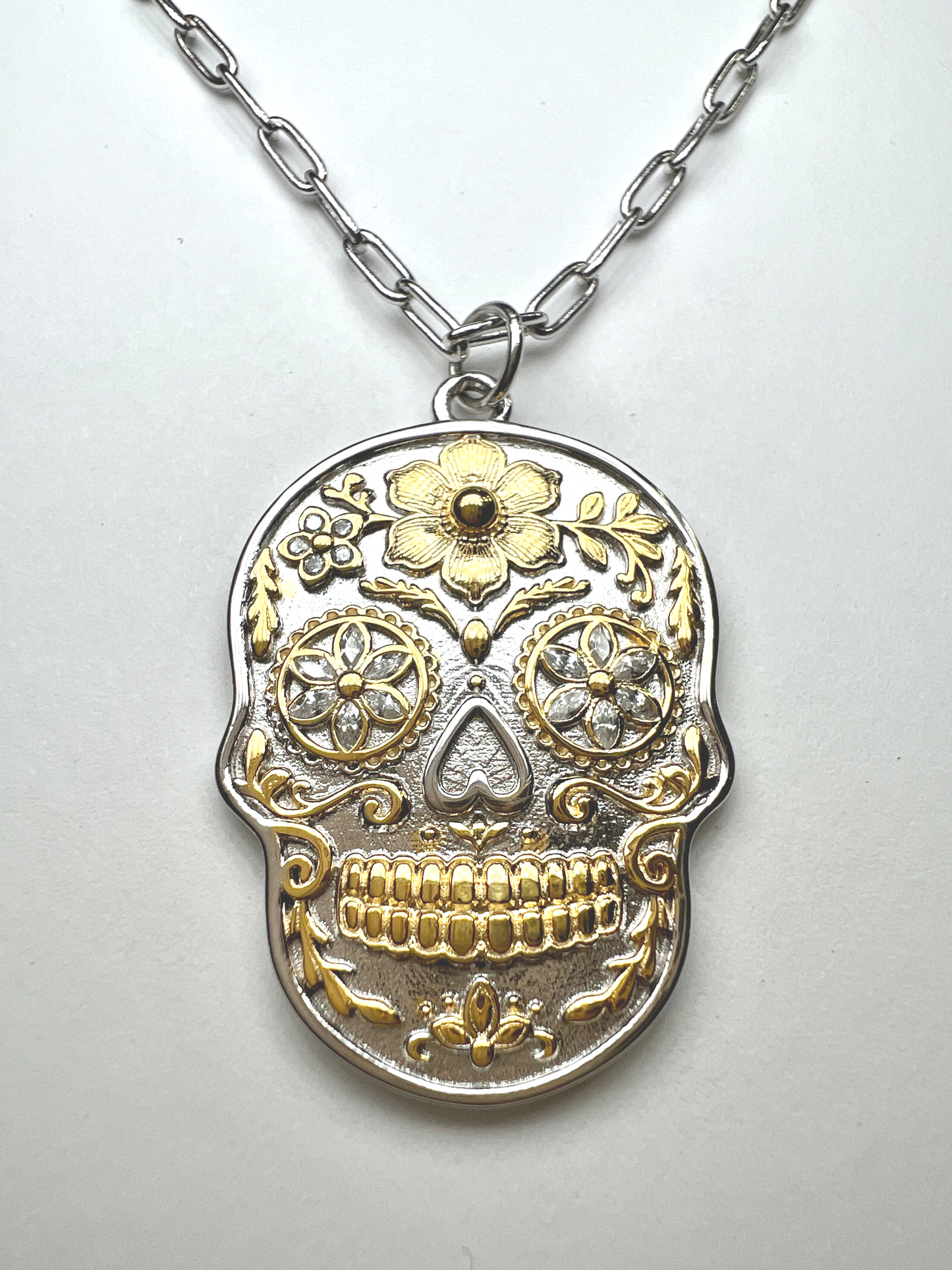 925 Sterling Silver & Yellow Gold Sugar Skull Pendant Necklace