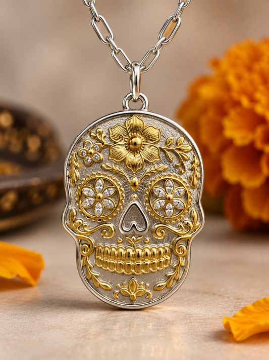 925 Sterling Silver & Yellow Gold Sugar Skull Pendant Necklace