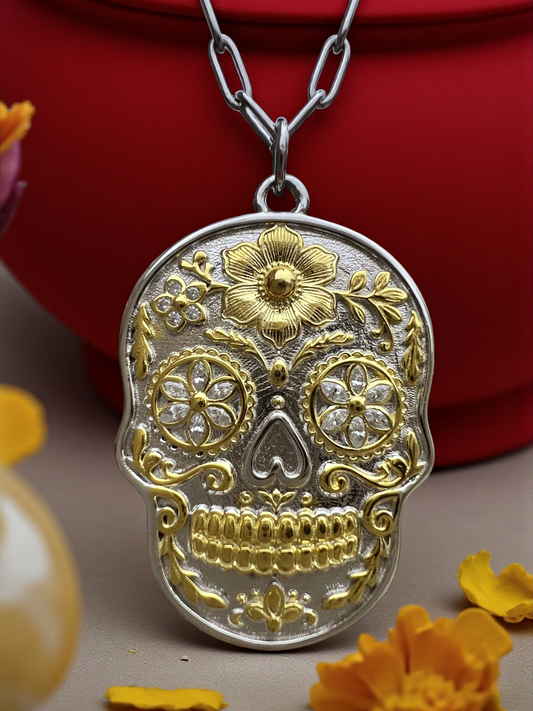 925 Sterling Silver & Yellow Gold Sugar Skull Pendant Necklace