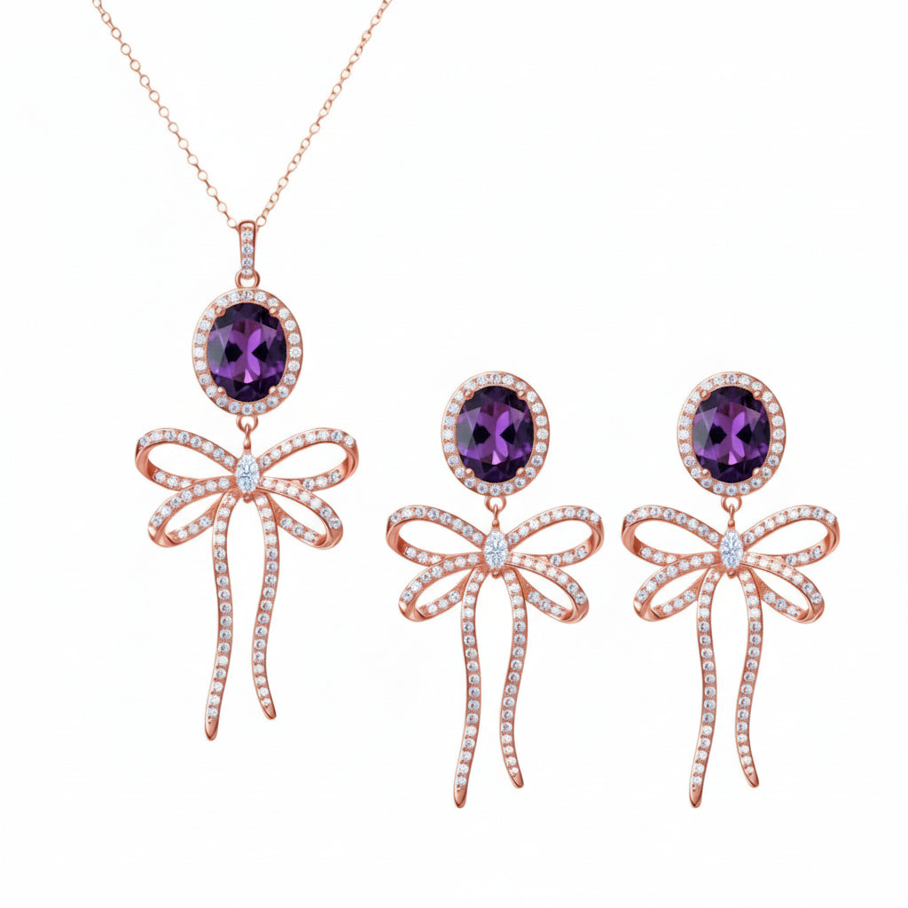 PRE-ORDER - 925 Sterling Silver Bow Tie Necklace & Earrings Set (Choose your Stone Color)