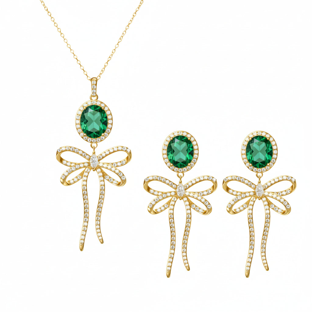 PRE-ORDER - 925 Sterling Silver Bow Tie Necklace & Earrings Set (Choose your Stone Color)