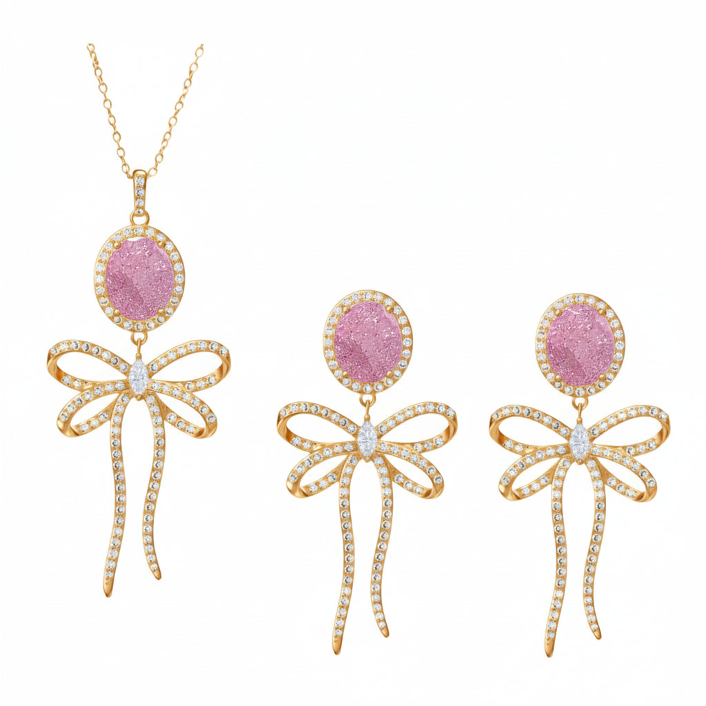 PRE-ORDER - 925 Sterling Silver Bow Tie Necklace & Earrings Set (Choose your Stone Color)