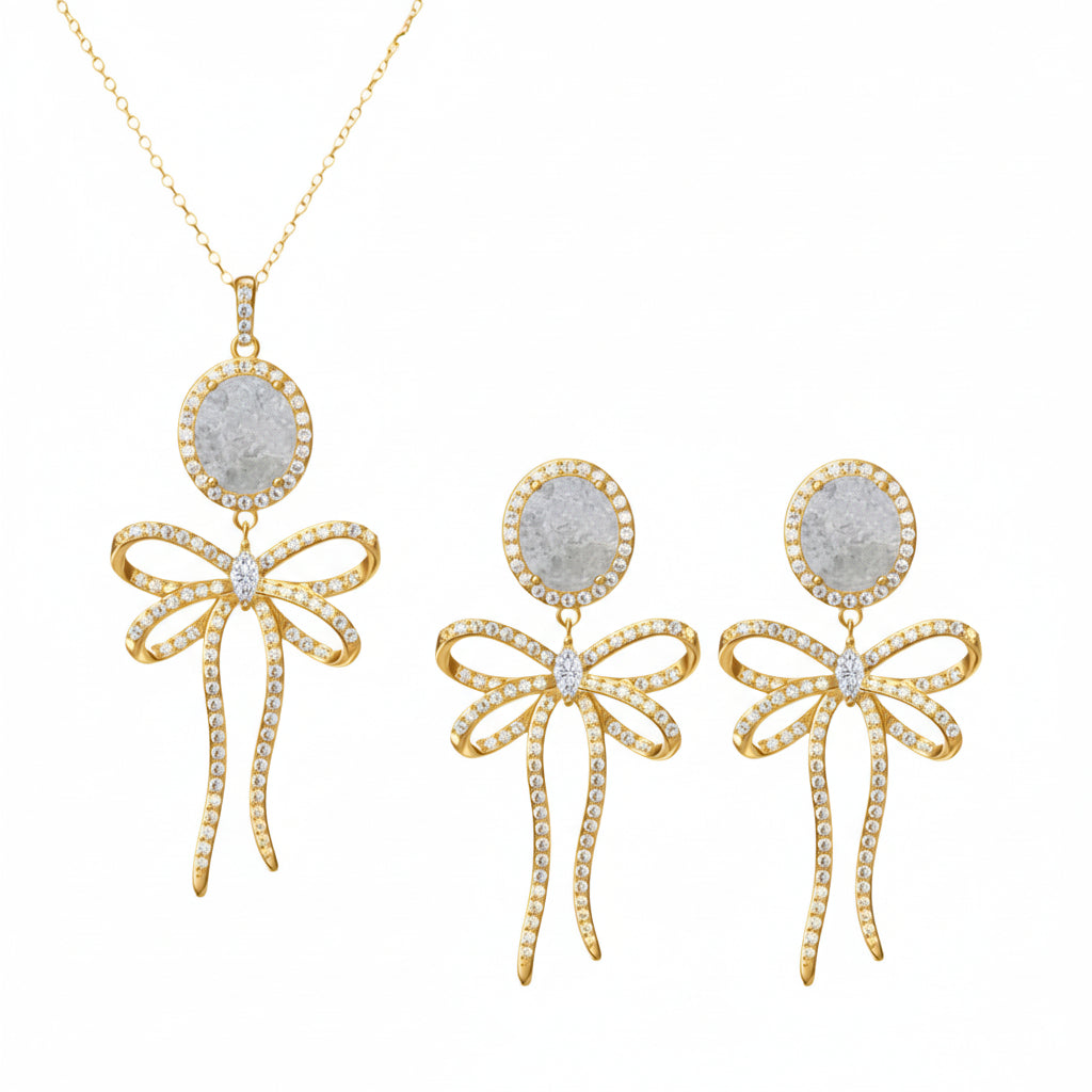 PRE-ORDER - 925 Sterling Silver Bow Tie Necklace & Earrings Set (Choose your Stone Color)