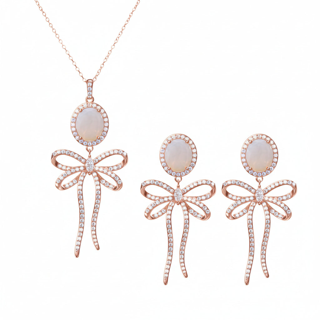 PRE-ORDER - 925 Sterling Silver Bow Tie Necklace & Earrings Set (Choose your Stone Color)