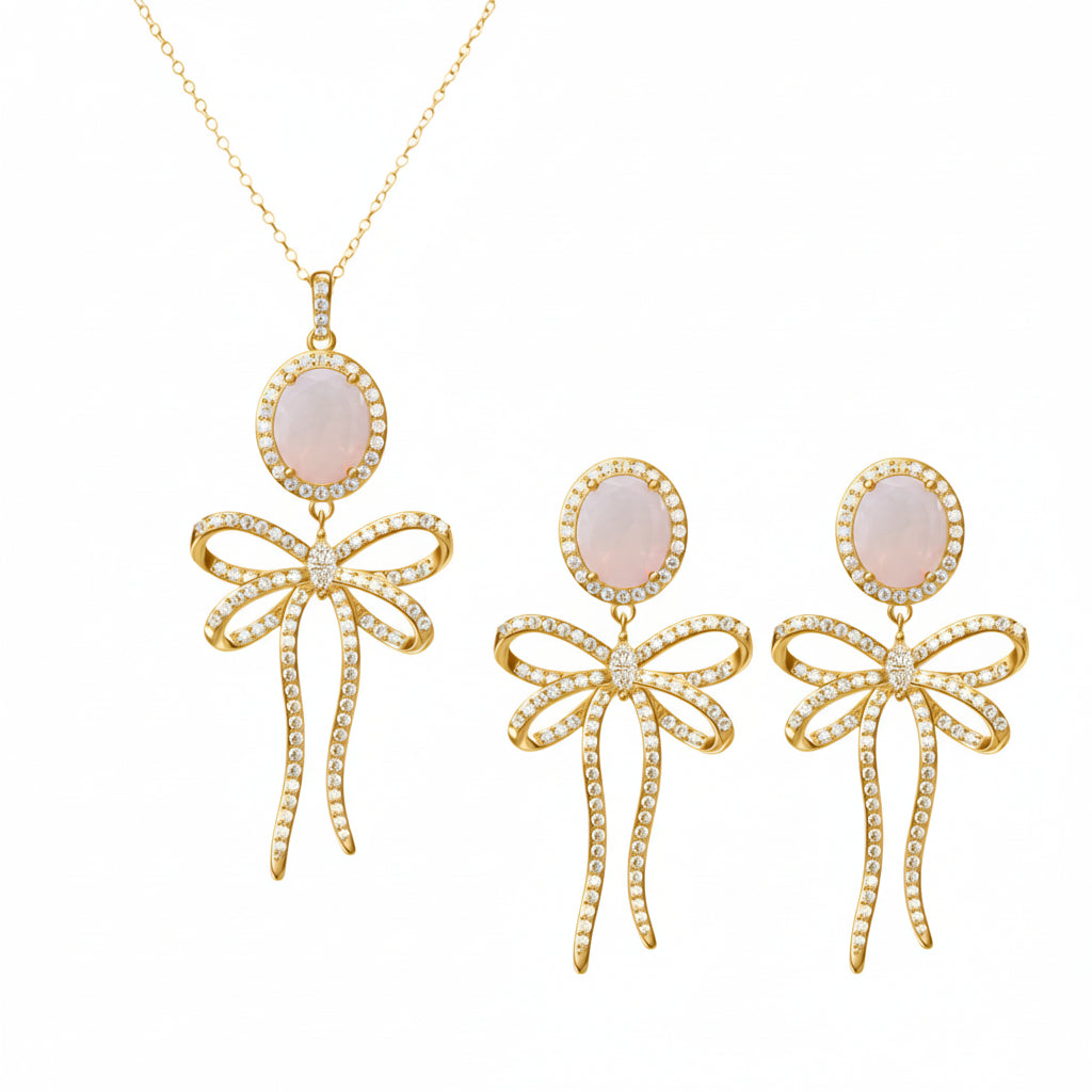 PRE-ORDER - 925 Sterling Silver Bow Tie Necklace & Earrings Set (Choose your Stone Color)