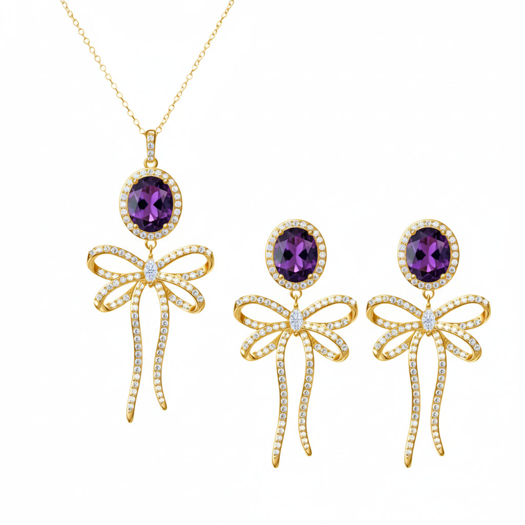 PRE-ORDER - 925 Sterling Silver Bow Tie Necklace & Earrings Set (Choose your Stone Color)