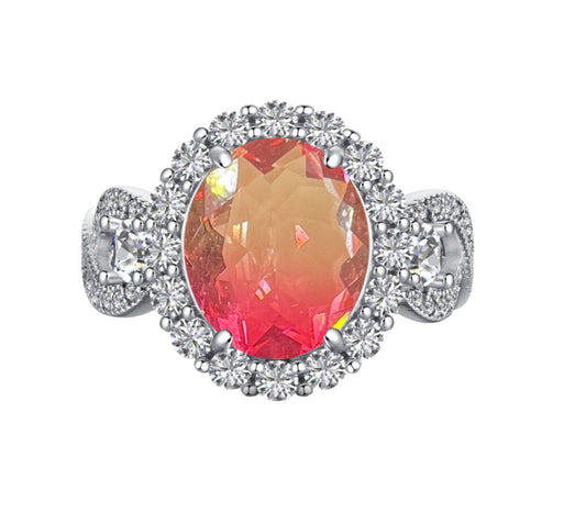 925 Sterling Silver Infinity Oval Cut Sunset Melon Bi-Color Tourmaline Ring