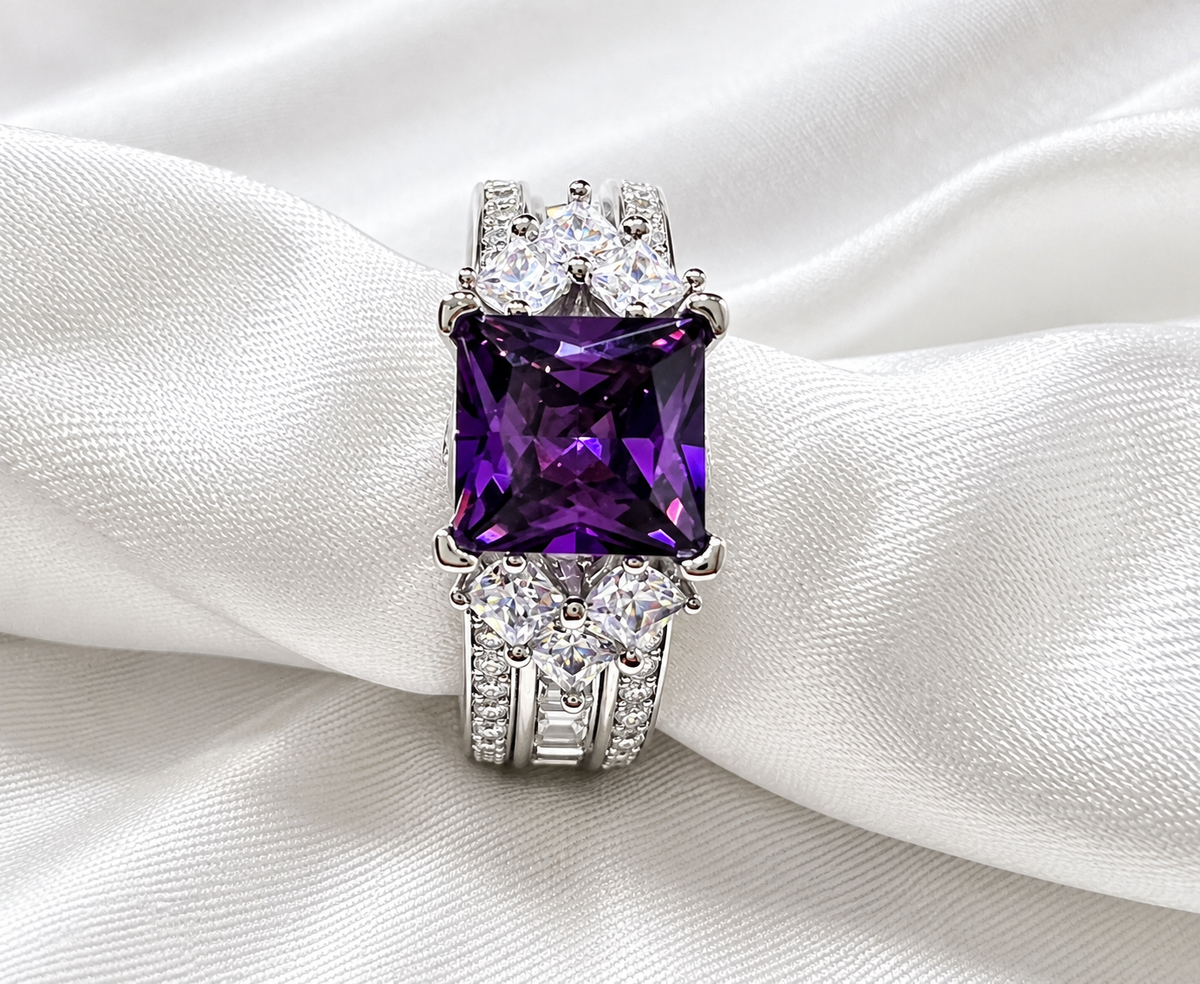 *PRE-ORDER - 925 Sterling Silver Princess Cut, Simulated Alexandrite & Clear CZ Tri-Band Ring