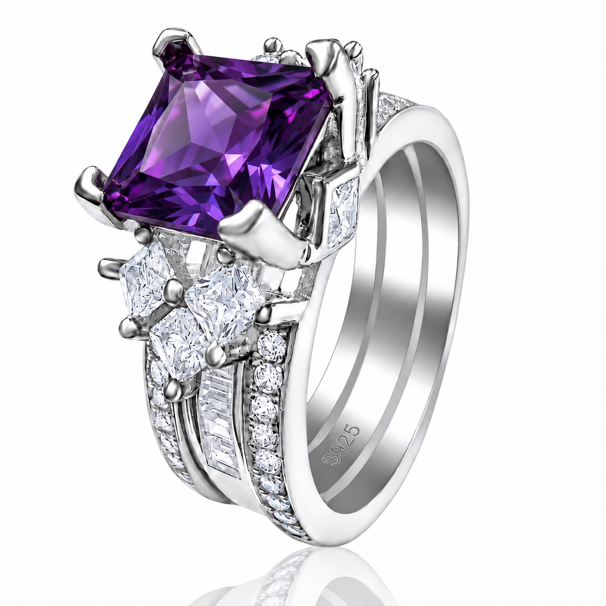 *PRE-ORDER - 925 Sterling Silver Princess Cut, Simulated Alexandrite & Clear CZ Tri-Band Ring