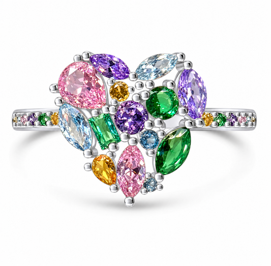 925 Sterling Silver Multi Color CZ Cluster Heart Ring on Rhodium or Rose Gold