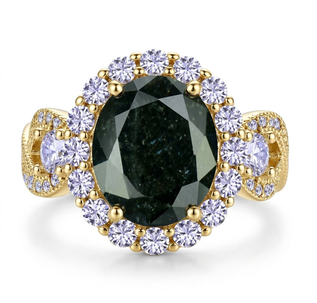 925 Sterling Silver Infinity Oval Cut Black Ice & Diamond CZ Ring on Yellow Gold
