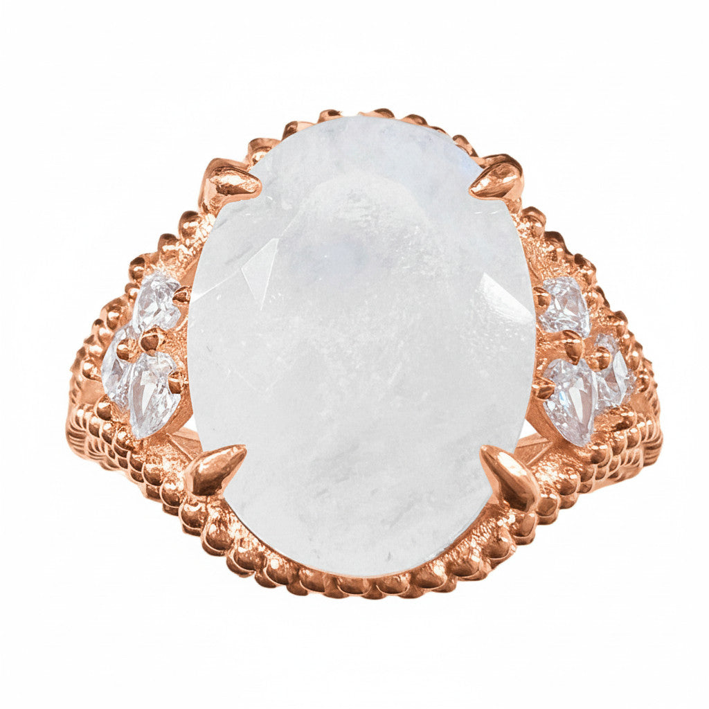 *PRE-ORDER* 925 Sterling Silver Oval Genuine White Moonstone Beaded Shank Ring