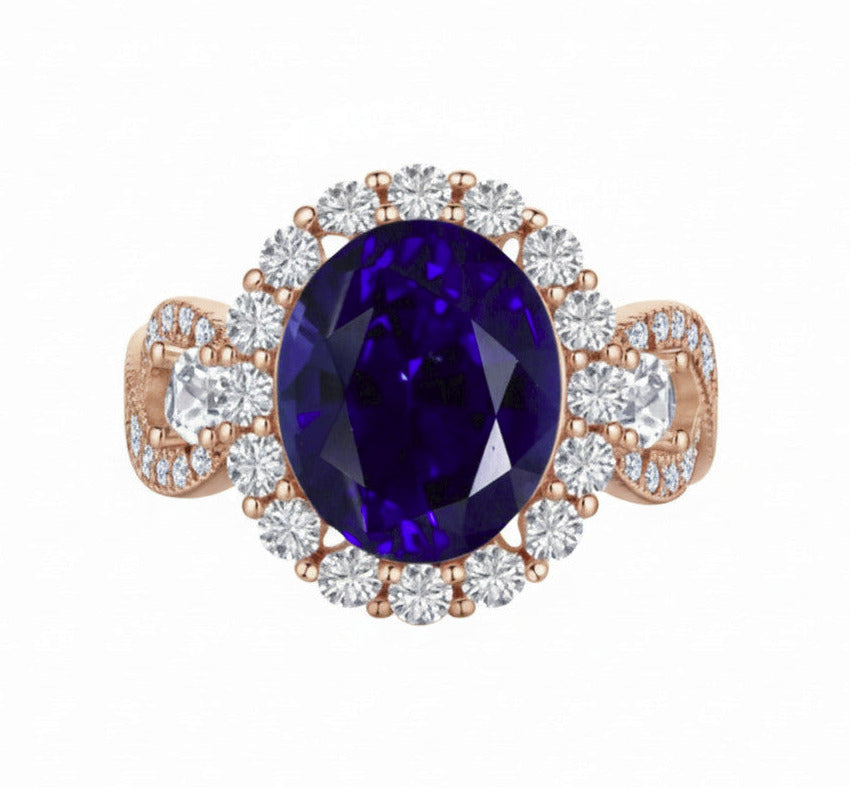 925 Sterling Silver Infinity Oval Cut Sapphire Blue CZ Ring on Rose Gold