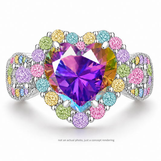 PRE-ORDER - AB Halo Heart Ring with Multicolor CZ - (Choose your plating)