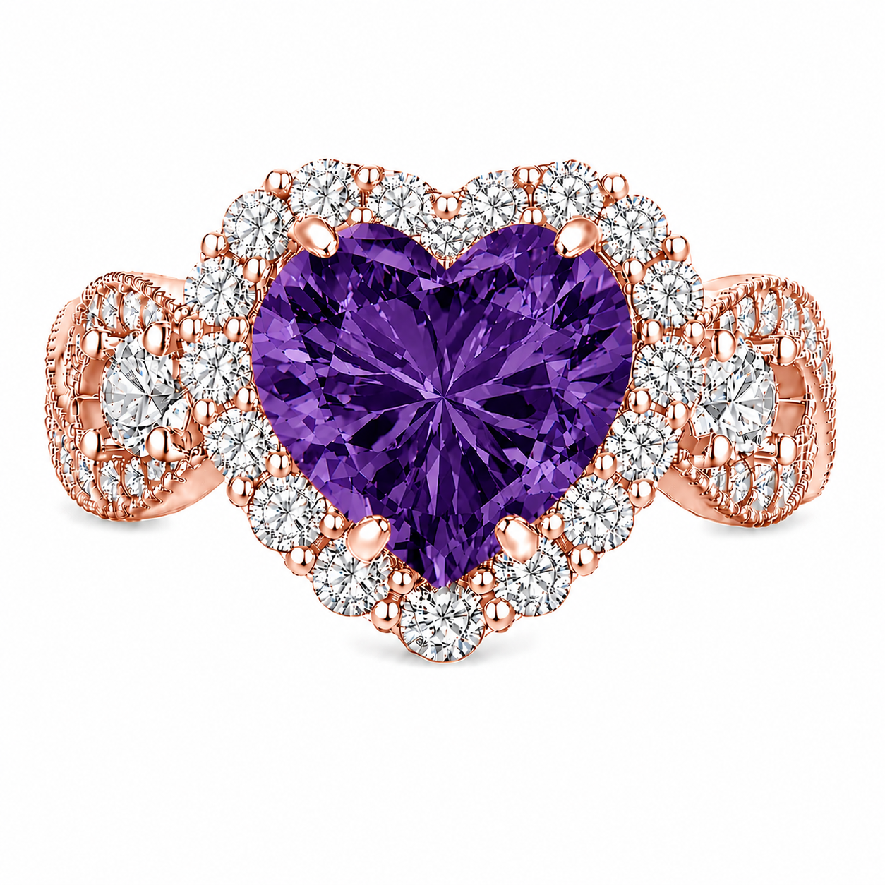 Amethyst CZ Halo Heart  Ring – (Choose your plating)