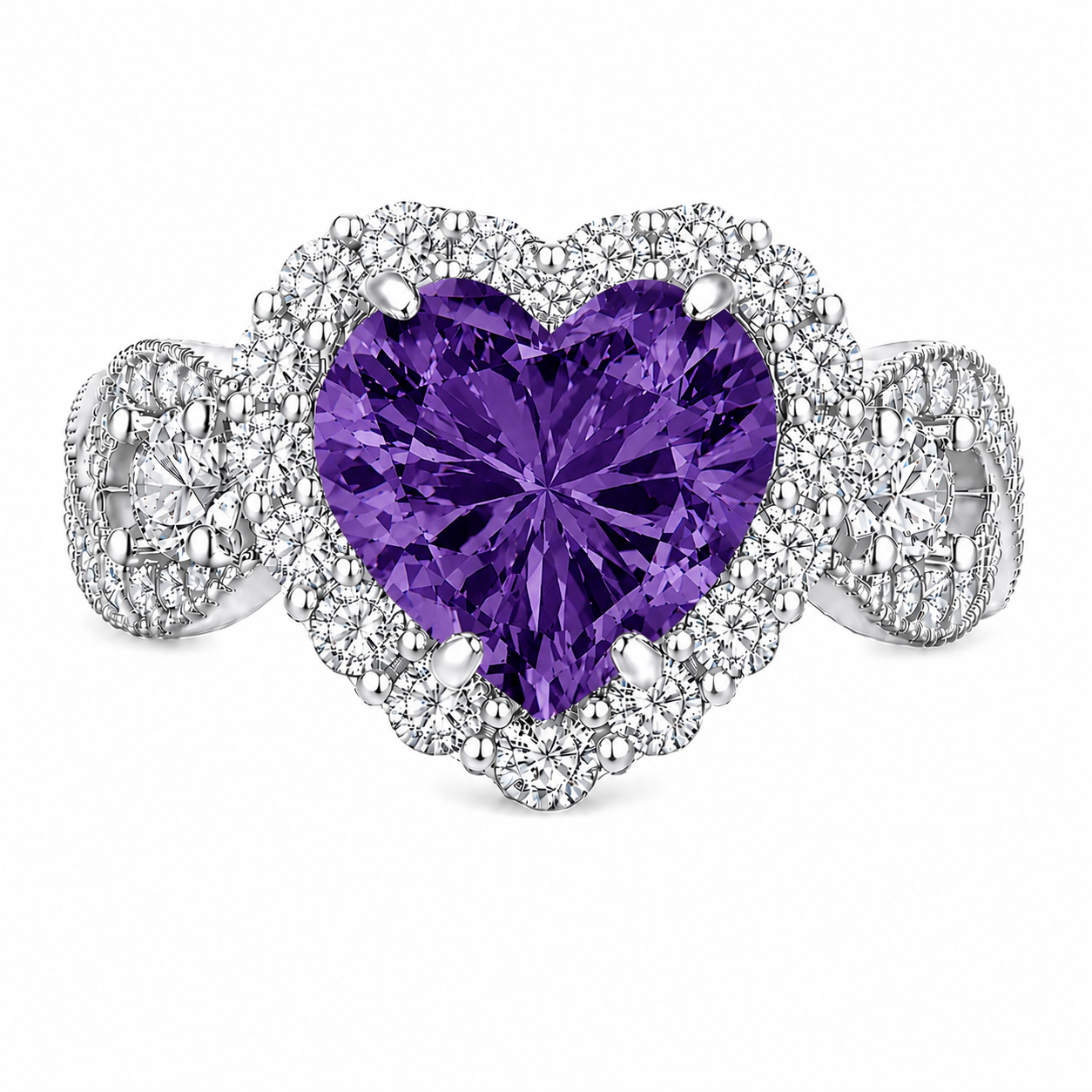 Amethyst CZ Halo Heart  Ring – (Choose your plating)