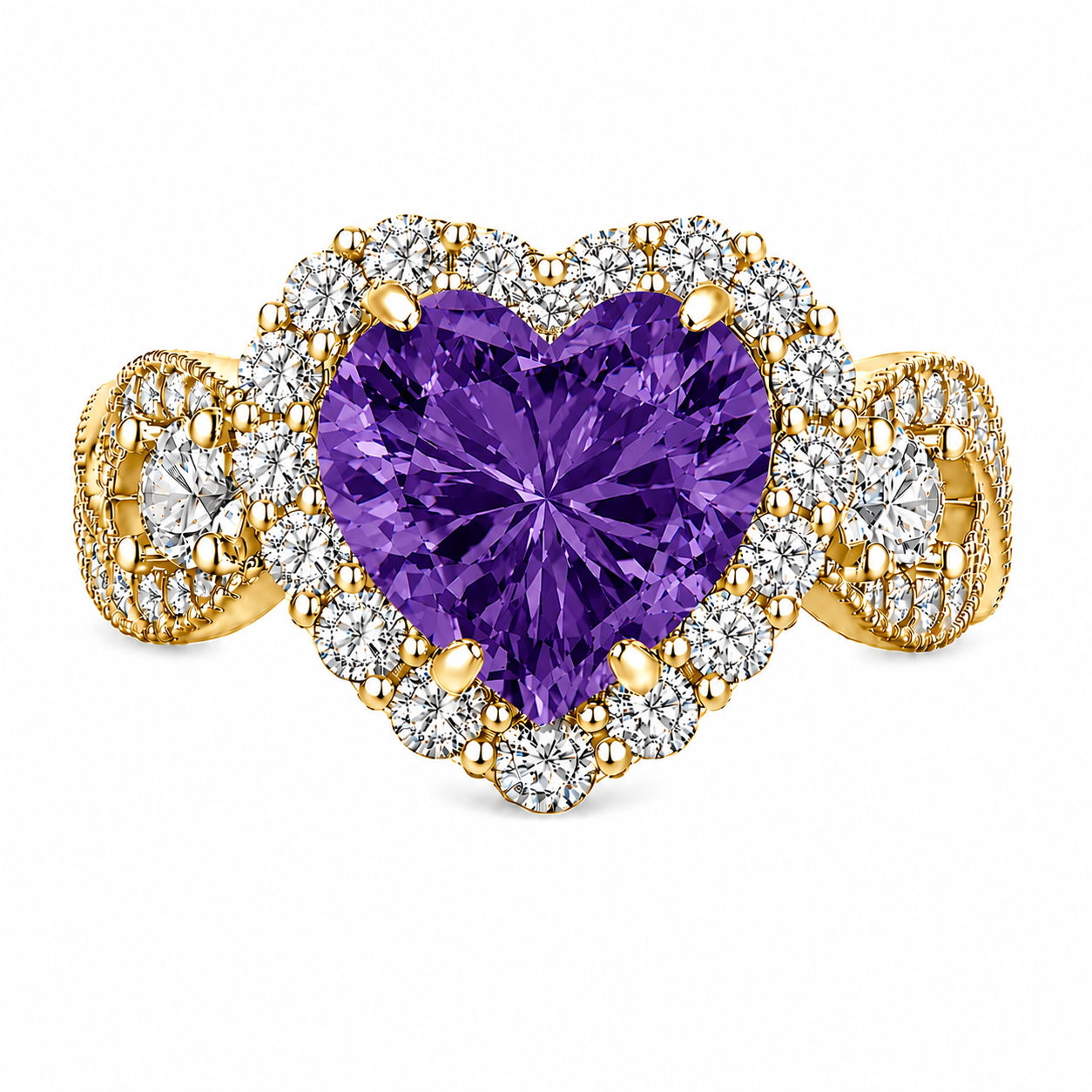 Amethyst CZ Halo Heart  Ring – (Choose your plating)