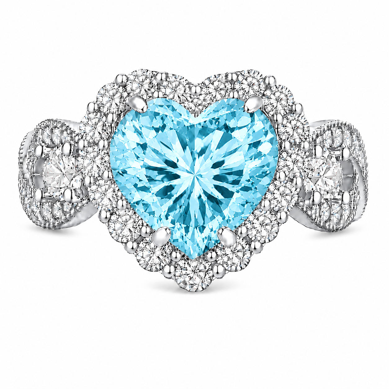 Aqua CZ Halo Heart Ring – (Choose your plating)
