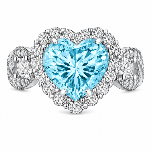 Aqua CZ Halo Heart Ring – (Choose your plating)