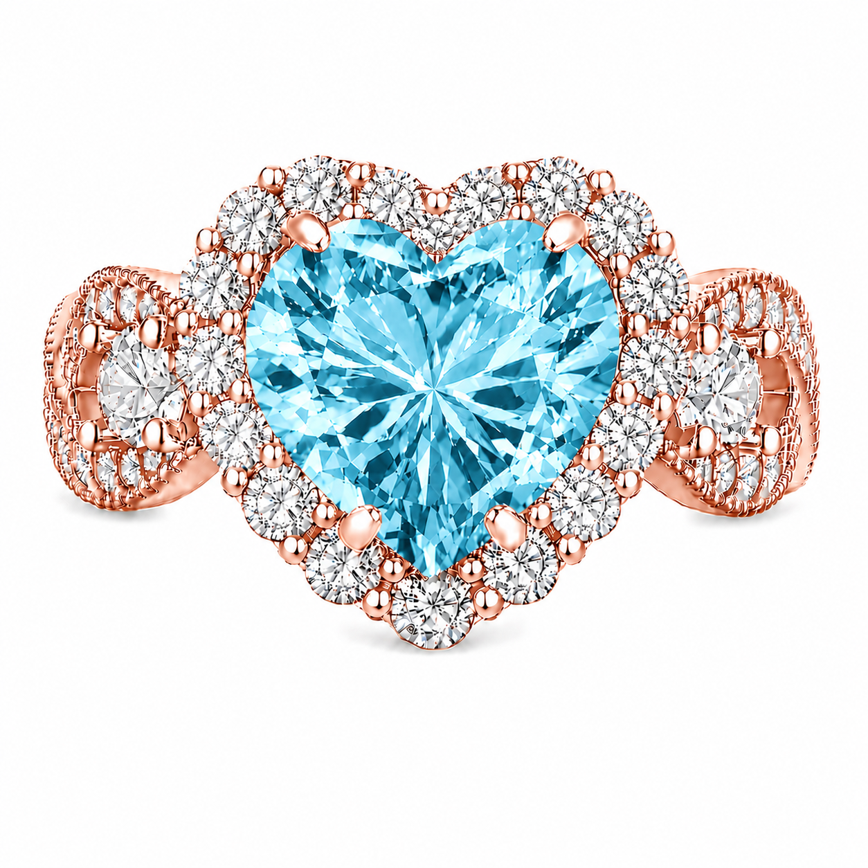 Aqua CZ Halo Heart Ring – (Choose your plating)